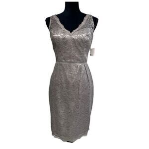 Silver Lace Dress Sz 10 Wedding Formal Cocktail Mother Of Bride V-neck Slimming